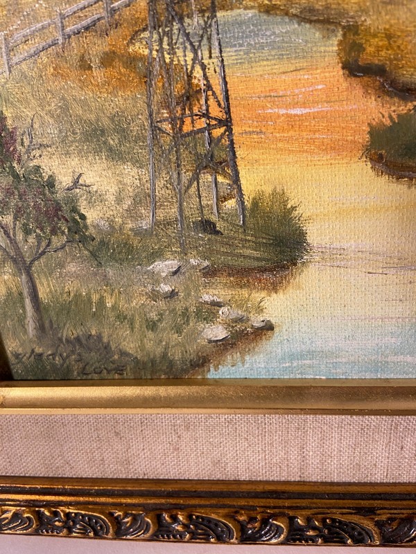 Vintage Red Barn Farmhouse Windmill Oil Painting Artist Gladys Love 11” X 13” gallery