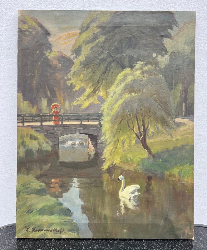 Impressionist Idyllic Park Scene Woman with Parasol Bridge River Swan gallery