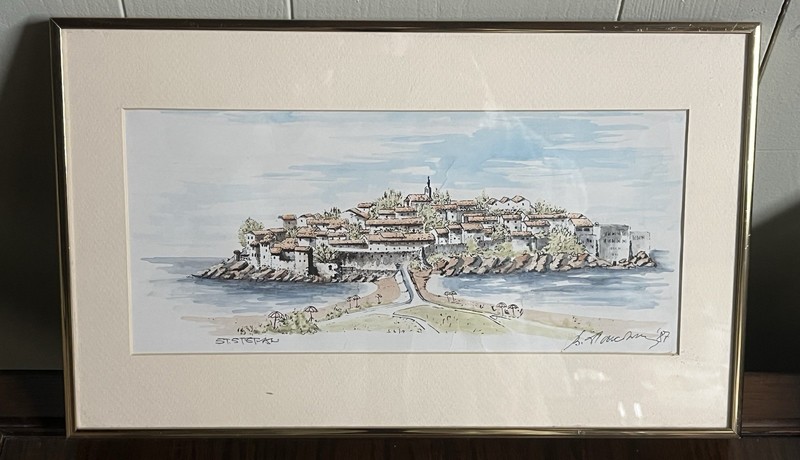 Original 1987 Watercolor “Sveti Stefan, Yugoslavia” Signed B. Marchini – Framed