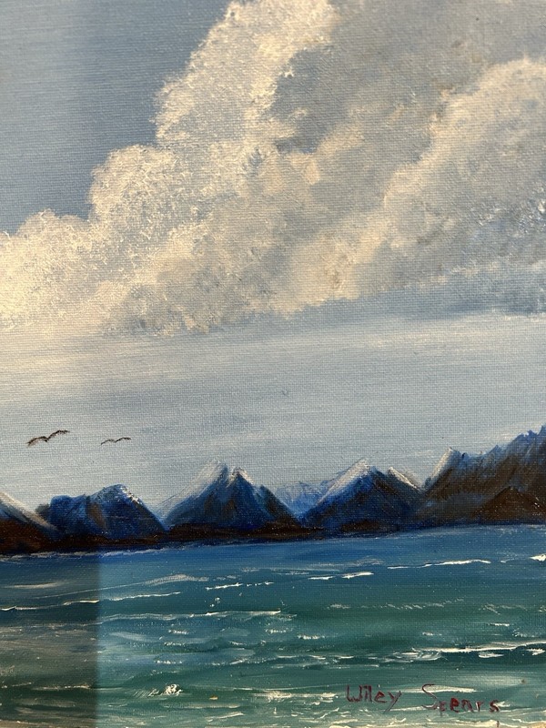 Wiley Spears Oil Painting Seascape Mountains Clouds Birds Realism Signed