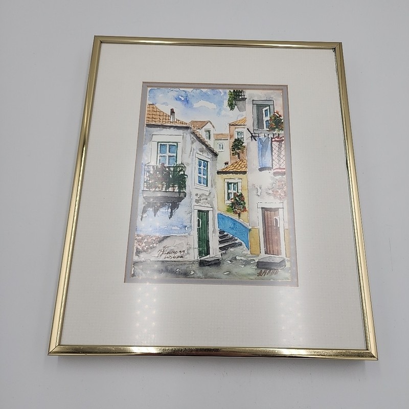 Vintage Framed Watercolor Painting Lisbon 1999 Village Street 11×9″ Artist Sign