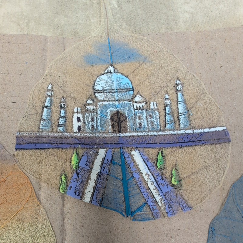 3 Vintage Hand painted Peepal Skeleton Leaf Art - Deer landscape & Taj Mahal gallery