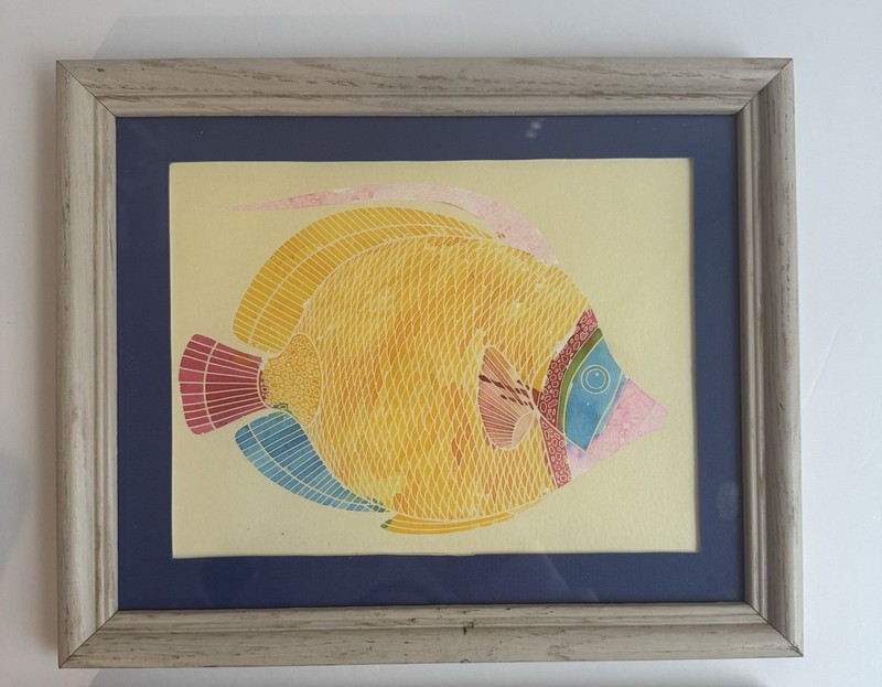 2 Painted Colorful Fish Artwork Picture Matted Framed 9x11” w Frame gallery