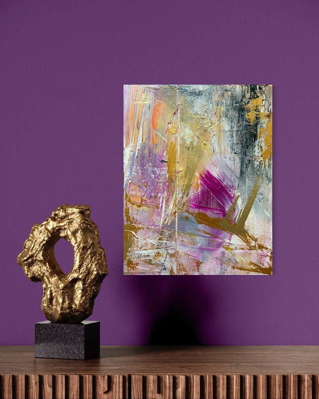 Original Abstract Modern Painting Metallic Gold bridge Pink Gray Gallery Artist