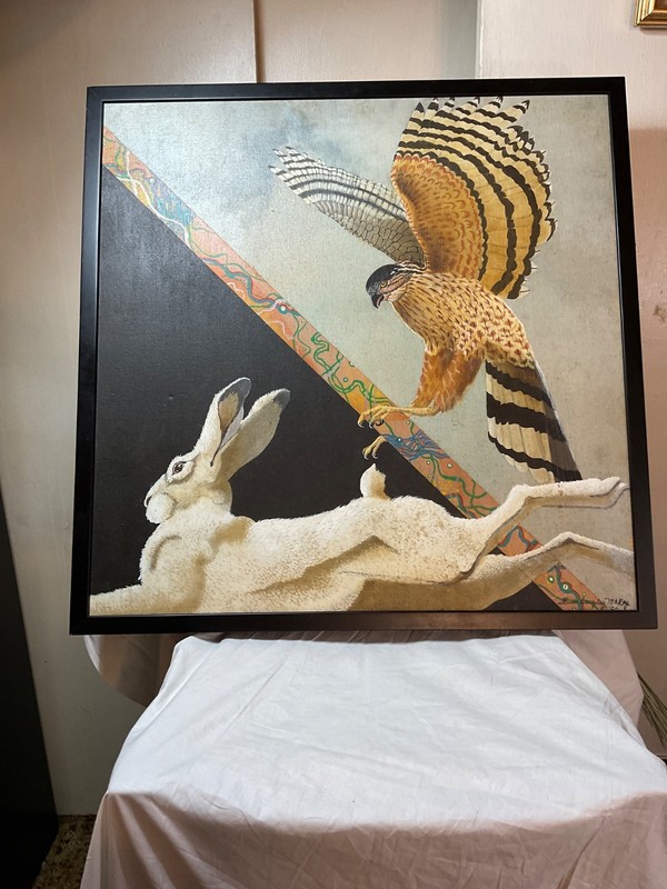 Steven Douglas mckay Sign Art Hawk Diving Toward Hare Framed Canvas 25 x 25 in