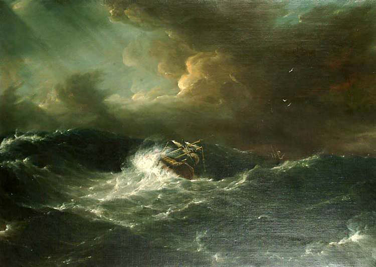 Dream-art Oil painting Sailboat capsized on the sea Shipwreck ocean waves storm