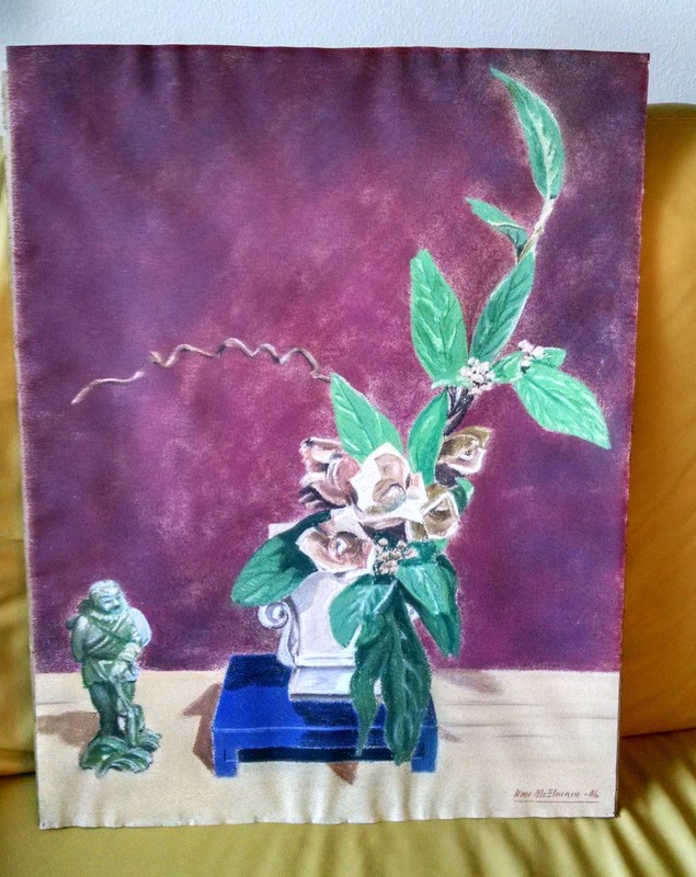 Unframed Vintage Still Life Pastel with Asian Floral Theme Signed and Dated 1946