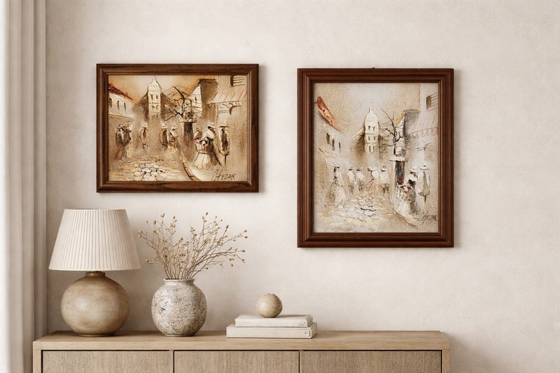 Vintage Oil Paintings Signed Pair Textured Gallerywall Wabi Sabi Farmhouse