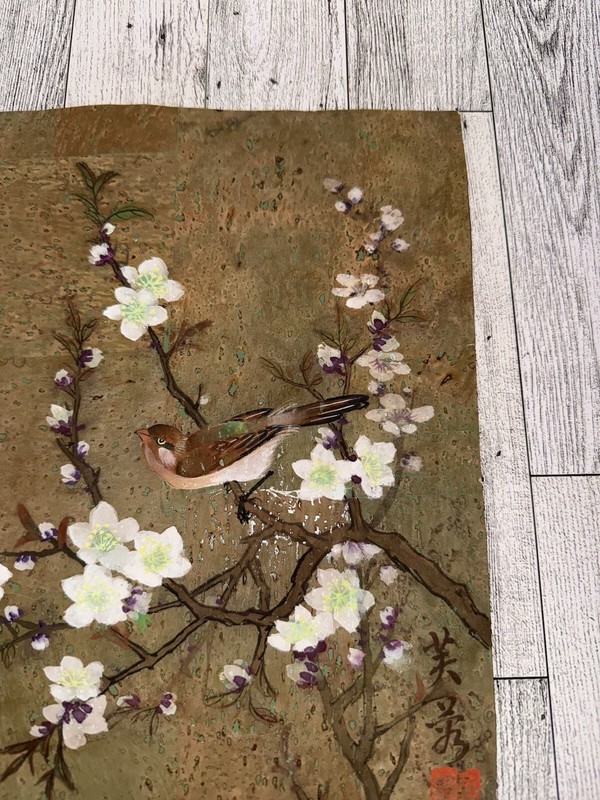 Vintage Japanese Or Chinese Painting "Bird on Blossoms" Artist Signed gallery