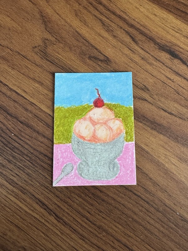 ACEO Oil Pastel Whimsical Picnic In The Garden Series “Cream” Signed By Artist