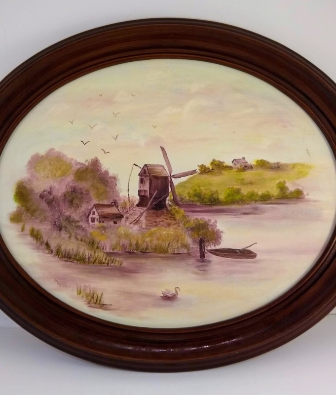 M Miller Signed Acrylic Painting Windmill Country Lake Scene 17"x 14" Oval Frame gallery