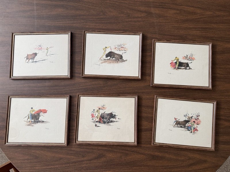 Set Of Six Joaquin Terruella Matilla (Spanish Painter) Bull Fighting Artwork