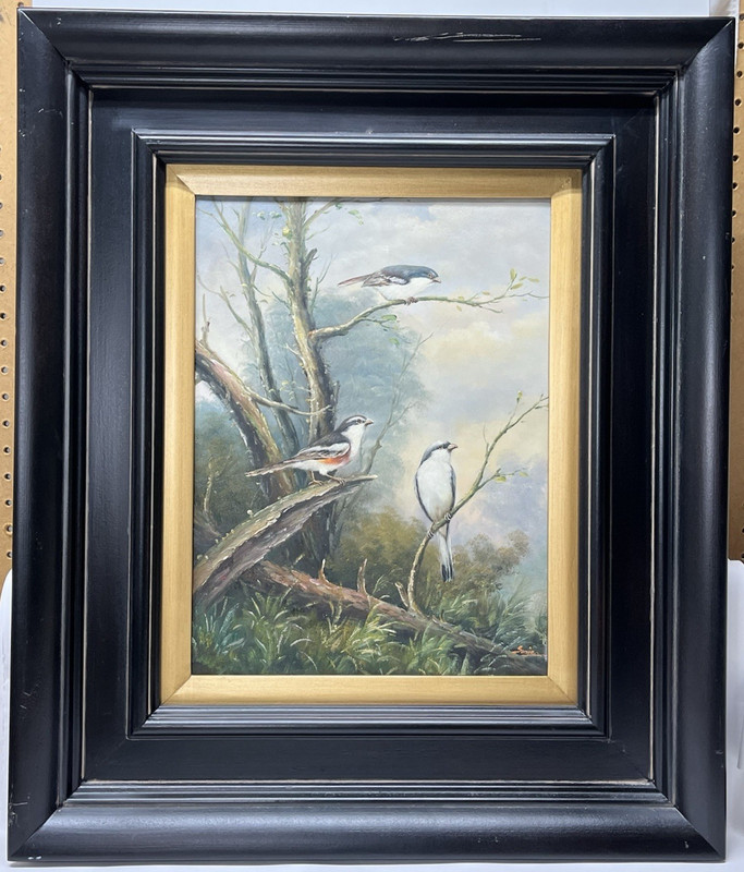 Framed (22×26) Artist Signed Sonje Painting of Birds on branch B
