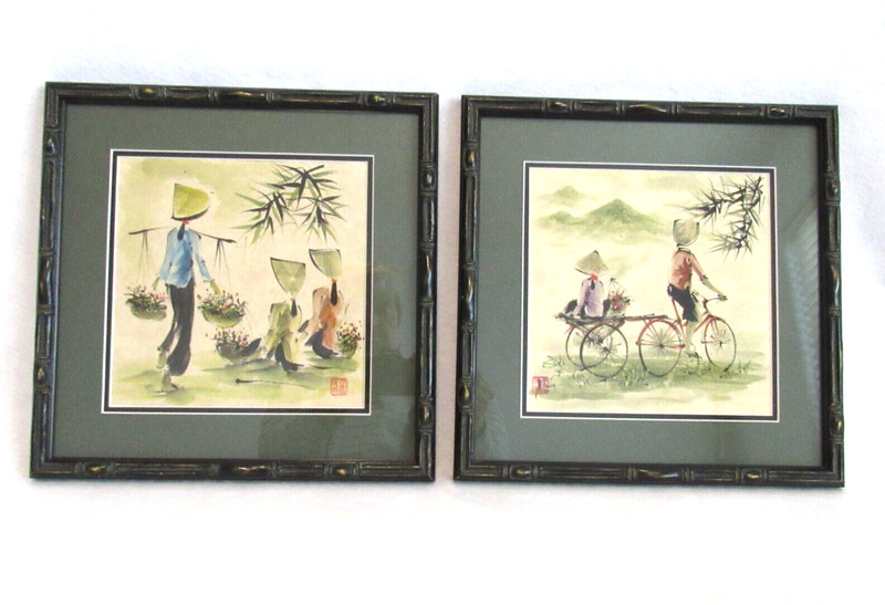 VTG Original Watercolor Ink Asian Traditional Scenes Artist Signed Framed
