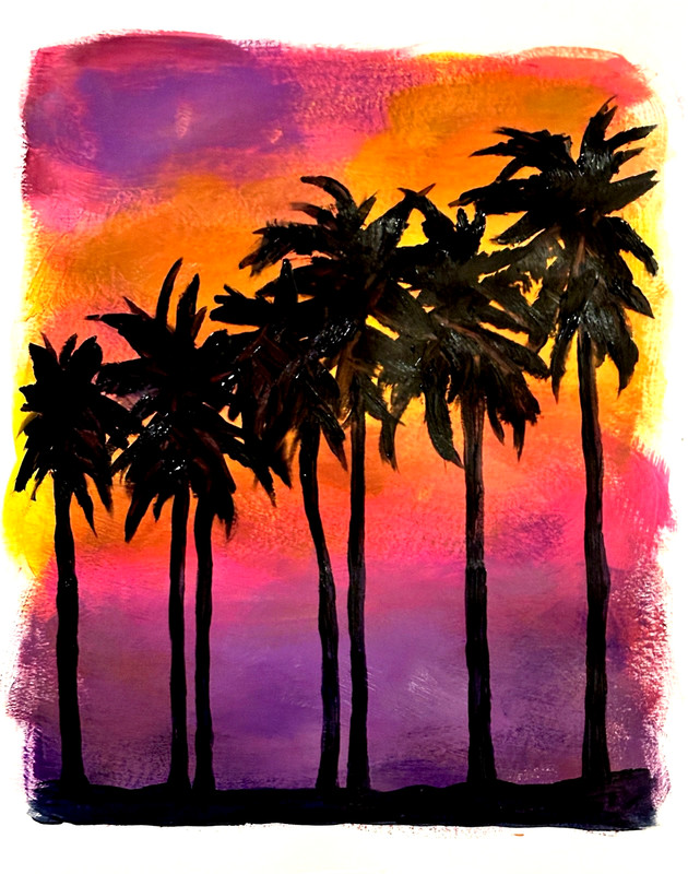 Original Palm Tree Sunset 11x14 Paper Bold Expressionist Painting Signed Art gallery
