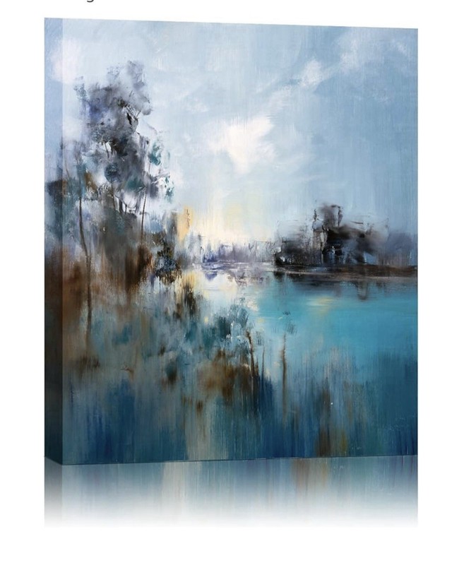 Abstract Framed Canvas Wall Art Painting – 24×20 Inch Modern Blue Lake Landscape