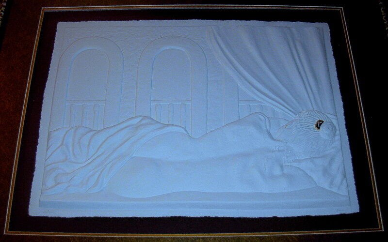 Limited Paper Cast Artwork of Nude Women In Bed on Large Encased Frame - Signed gallery