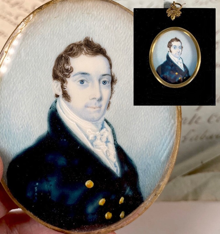 Fab Antique French Portrait Miniature c.1820-30, Gentleman in High Collar Coat