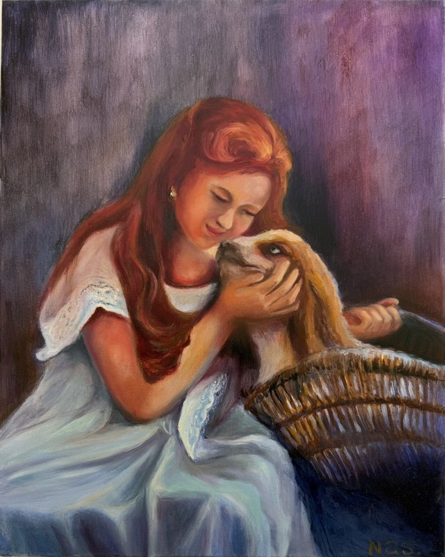 Girl with Dog, ORIGINAL PAINTING OIL,16×20 inch, Wall Art Decor, Signed Authors