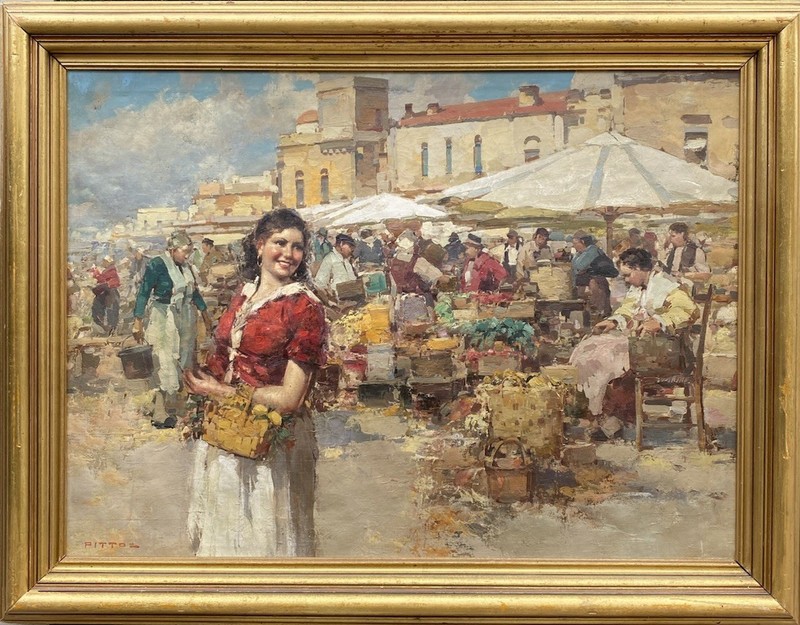 Giacomo Pittoz Oil Painting Italian Market Scene Woman Figure Signed Large