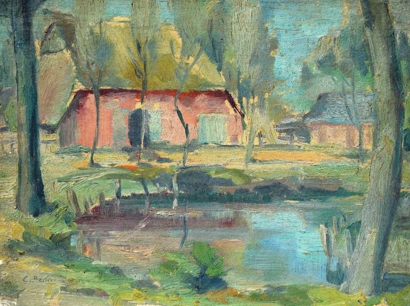 Ewald Becker-Carus 1902-1995 Hamburg / Small Painting Homestead by the Lake North German