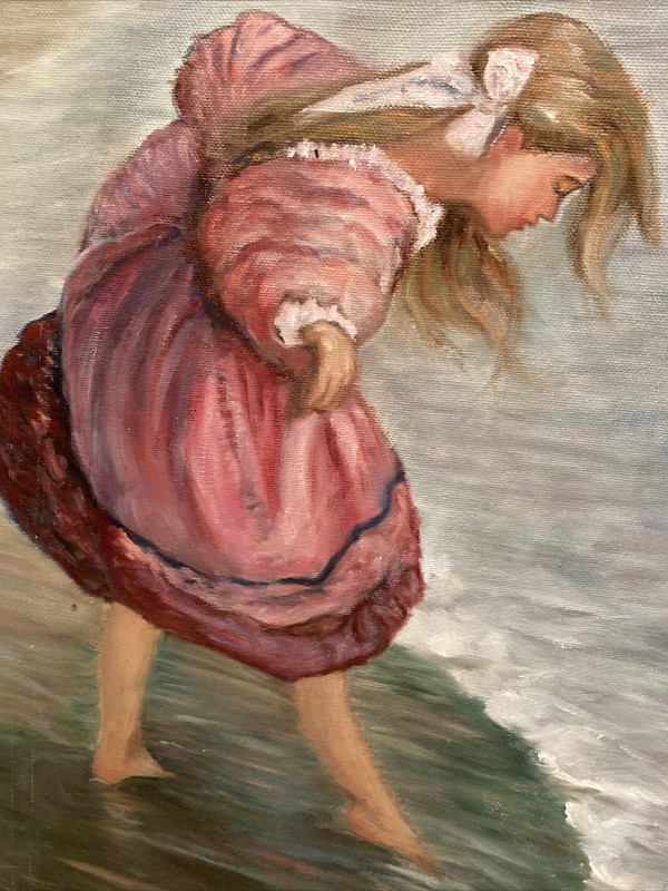 Lovely Scene “Testing The Water”, Acrylic On Canvas, Signed, 20 Inch x 16 Inch