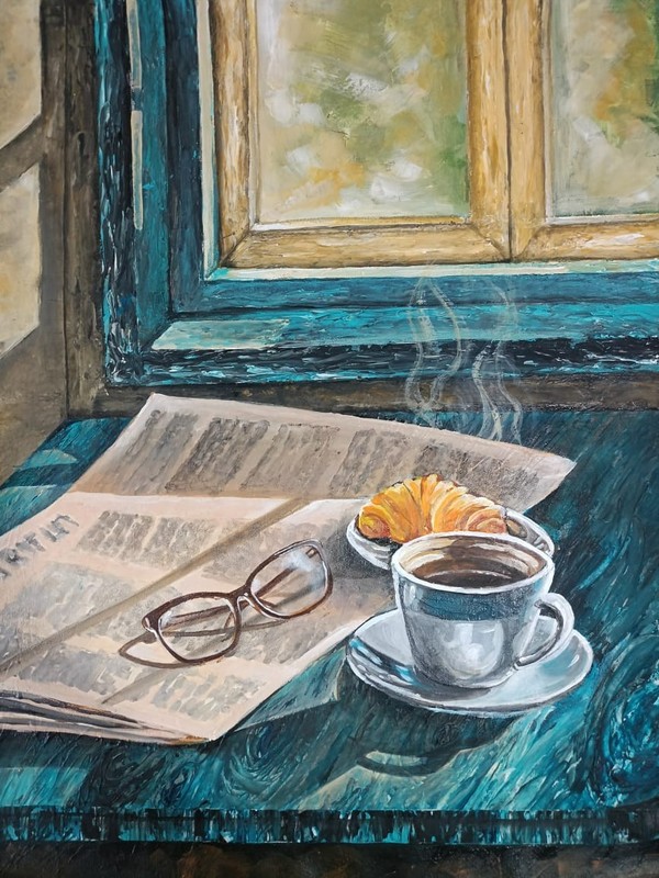 Morning Serenity – Original Acrylic Painting of Coffee, Croissant & Morning Sunl