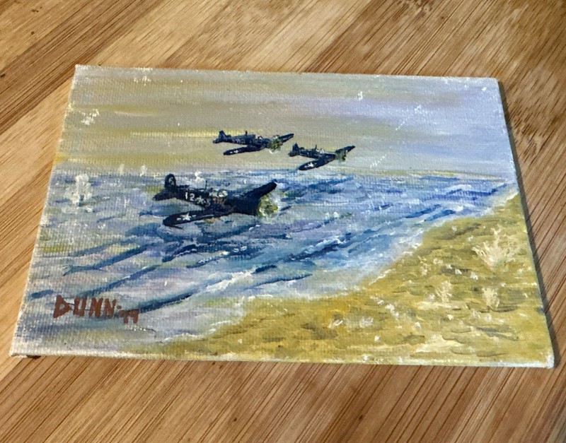 Vtg Signed Landscape Painting Ocean VTG Airplanes Nautical Unframed 6″x4″ 1999