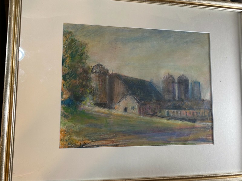 John Peter Heiden (1894 – 1986) «Barn Scene» Pastel Painting – Signed/Framed