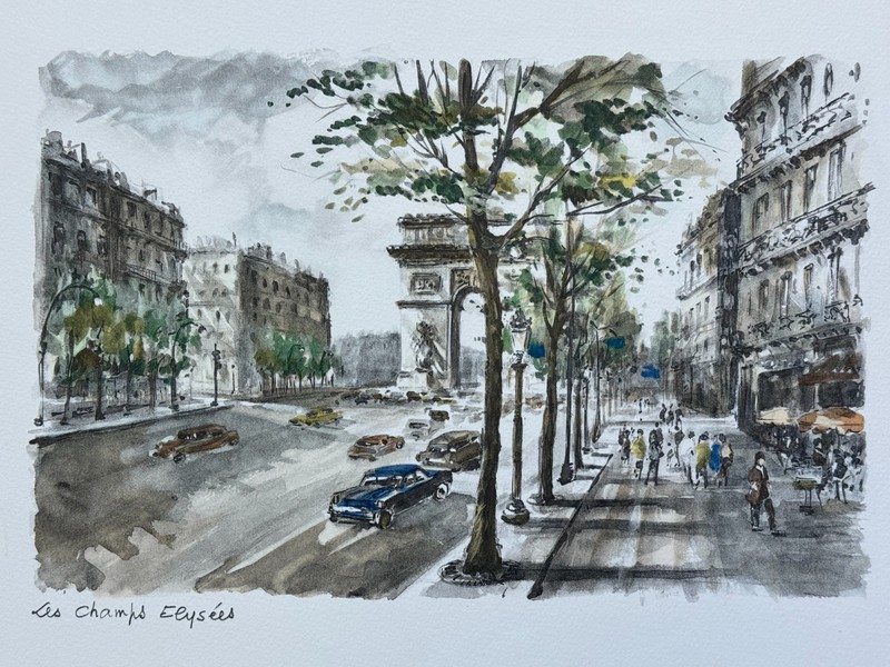 LES CHAMPS ELYSEES GABRIELLE ARDENT? ORIGINAL WATERCOLOR PAINTING AQUATINT ART