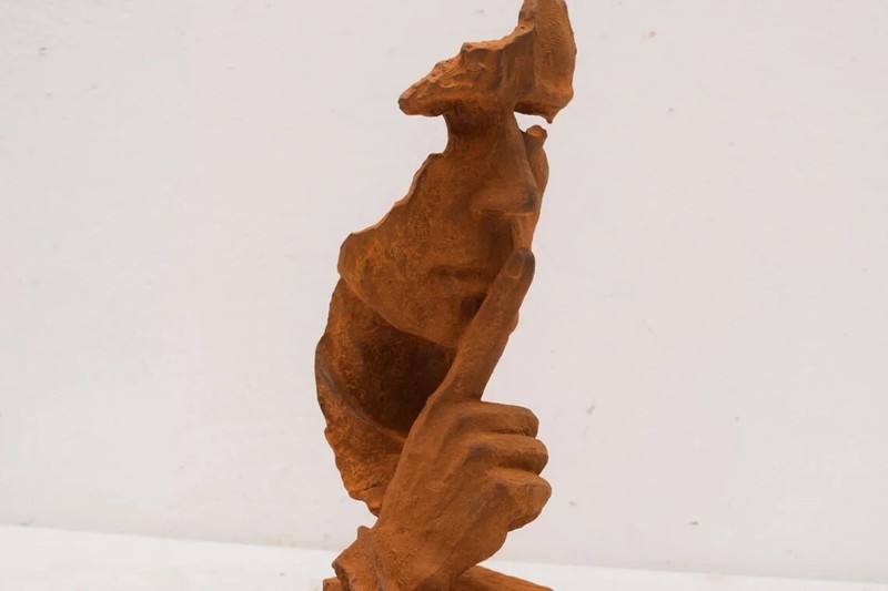 Cast Iron Statue «The Moment» man asking for silence – garden figurine rustical