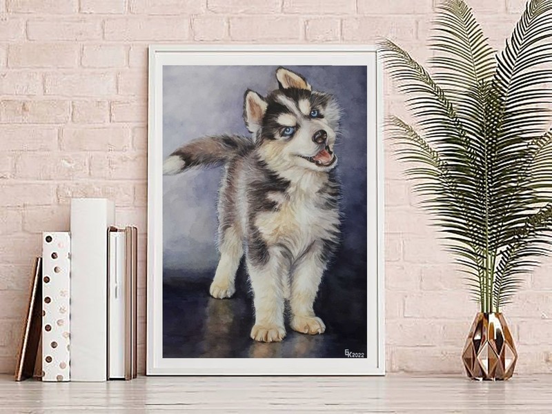 Siberian Husky Dog Cute Puppy animal portrait watercolor painting Nursery A4 Art gallery