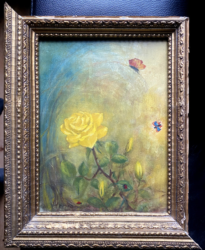 Oil painting E. Sauter Yellow Rose Flowers with Insects Ladybug Butterfly