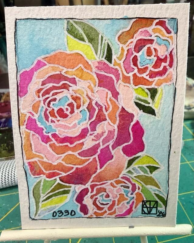 Painting by M. Hackney Roses Watercolor & Ink, Signed Original ACEO gallery