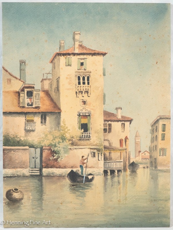 Beautiful Antique Painting of Venice Italy Waterway with St Mark’s Campanile