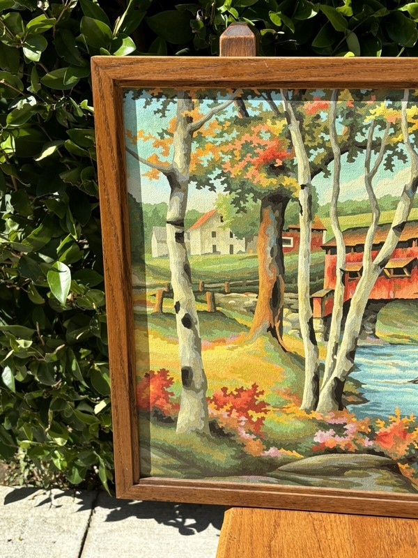 VTG MCM Paint By Numbers Painting Covered Bridge Oak Frame As Is gallery