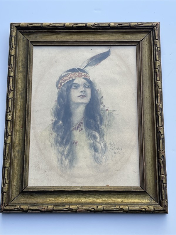Antique NATIVE AMERICAN INDIAN PAINTING SIGNED 1911 WOMAN MODEL CARVED FRAME OLD