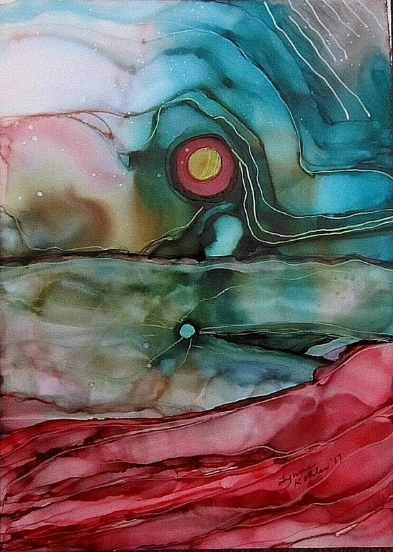 Original Painting 5×7″ light tunnel water sky blue red shimmery by Lynne Kohler