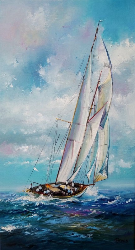 Sailing Yacht Original Oil Painting 40×20 cm – Marine Seascape Art