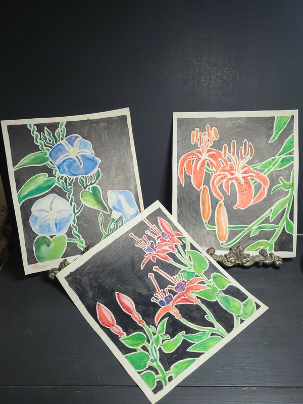Original Watercolor, set of 3, Morning Glory, Fuschia, Day Lilly