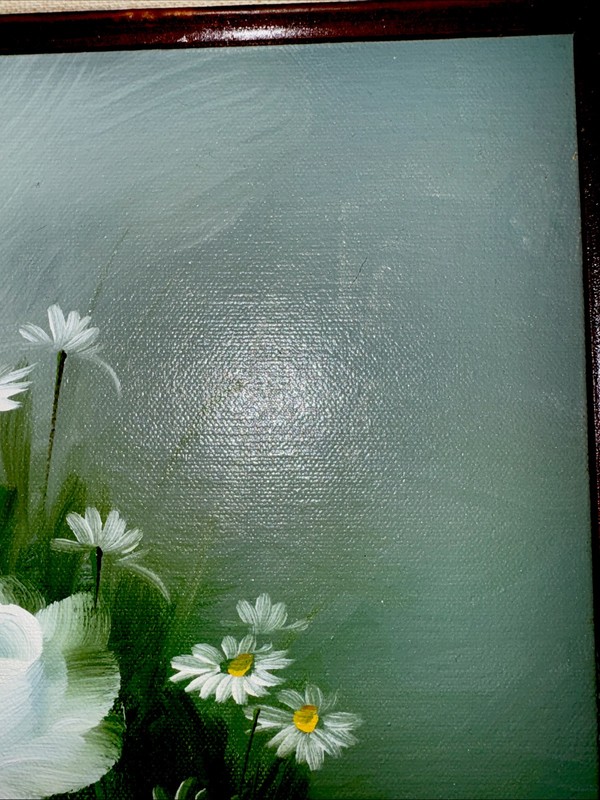 Vintage Framed Floral Oil Painting 27x19 Signed Romantic Roses Daisies gallery