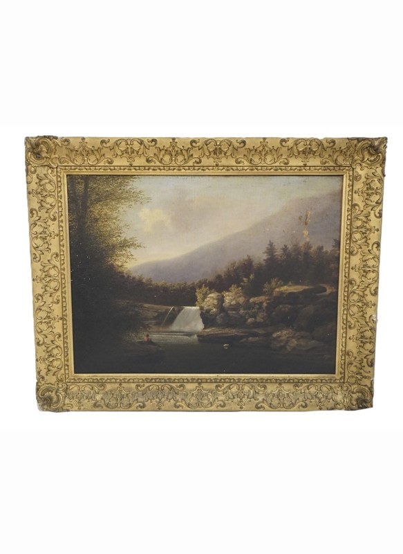 ANTIQUE OIL ON CANVAS HUDSON RIVER SCHOOL ANTIQUE GILT WOOD ORNATE FRAME
