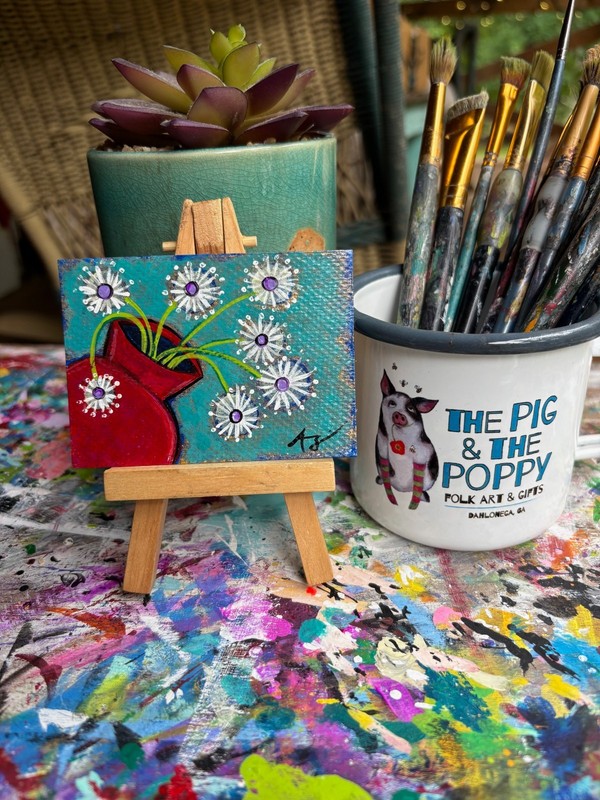 ACEO original folk art painting dandelions flower vase floral OOAK Amy Sullivan