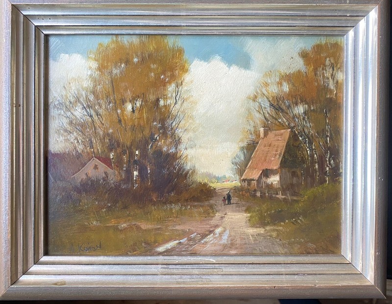 ::Oil Painting Autumn Landscape with Walker and Cabin -A. Kaiser – Frame