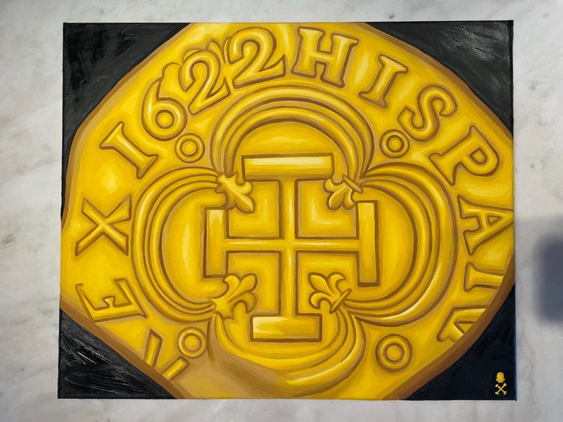 Treasure Painting JR Bissell a Pirate’s «First Gold» Colombia 2 Escudos 1622