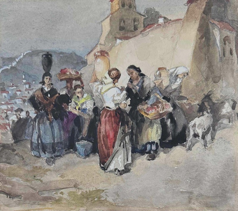 Louis Jambor -Hungarian/American -Village w/ Figures 1938 -Original Watercolor