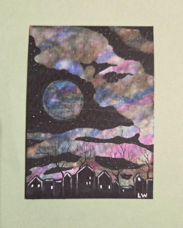 LWick Original ACEO Colorful Clouds Night Sky Rabbit Houses Trees Moon