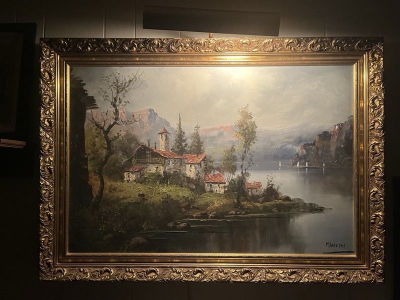 Carlo Mancini Signed Oil Painting Landscape Village Framed with light 41×29″