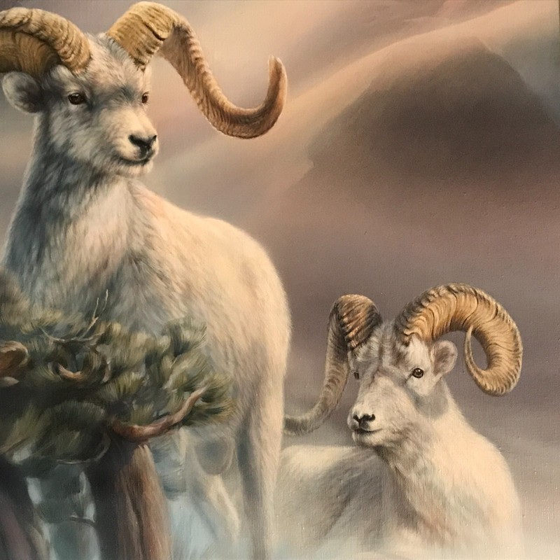 Vivi K. Crandall Oil on Canvas Painting of Rams in a Mountain Landscape gallery