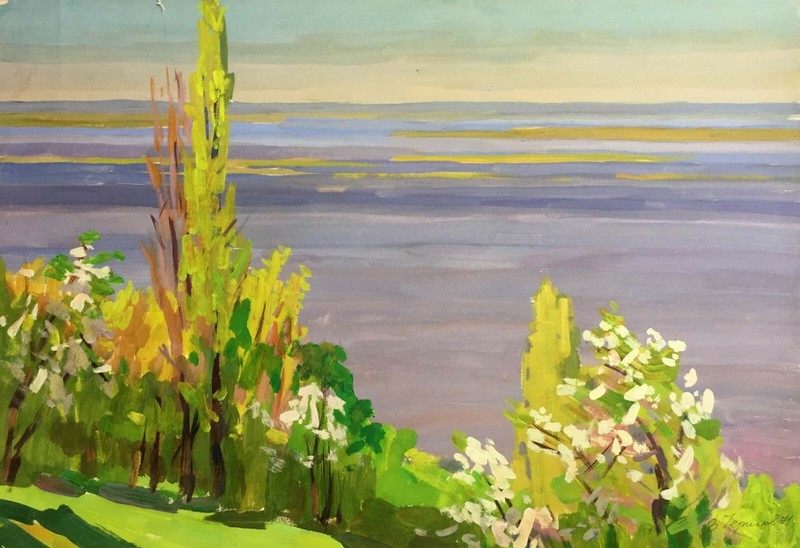 Gouache Painting River Landscape Chernikov Vladimir Original Collection n923